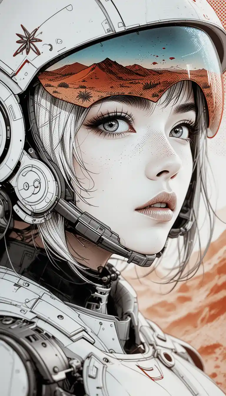 Close up anime sci fi soldier in white power armor