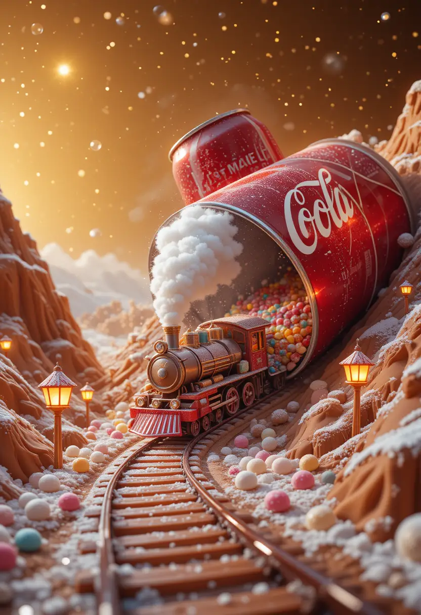 Candy Train Emerging From Giant Soda Can Tunnel