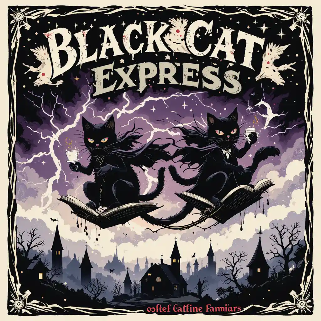 Witch cats racing on spellbooks through a stormy sky