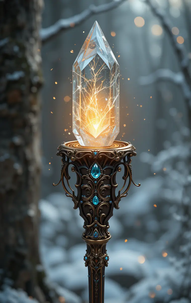 Ornate wooden magic staff with glowing crystal