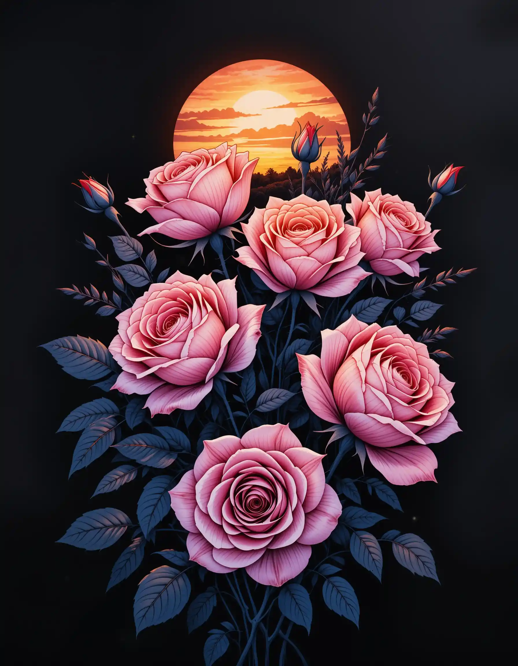 Ink roses bouquet glowing against a dark sky