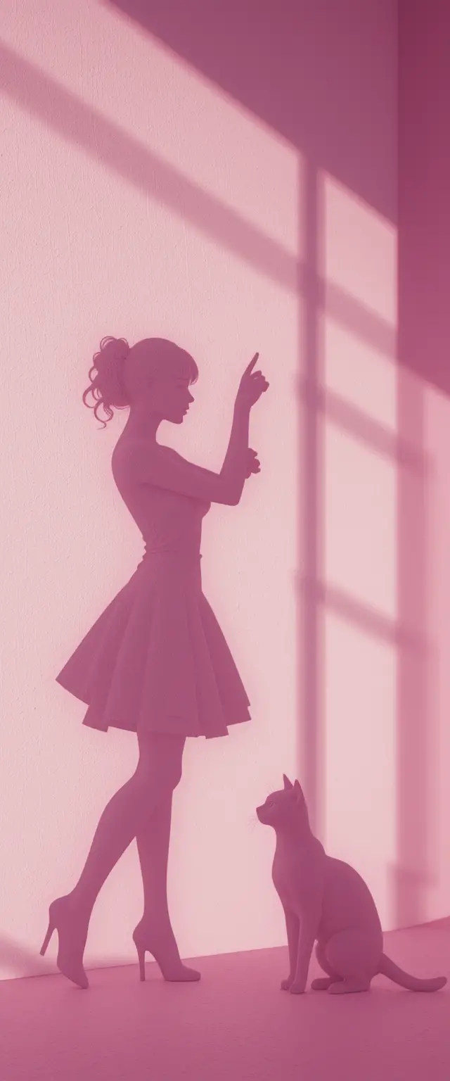 Graceful pink silhouettes of dancing woman and cat