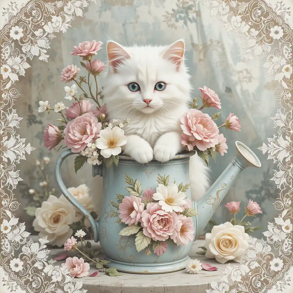Watercolor white kitten with flowers in shabby chic style