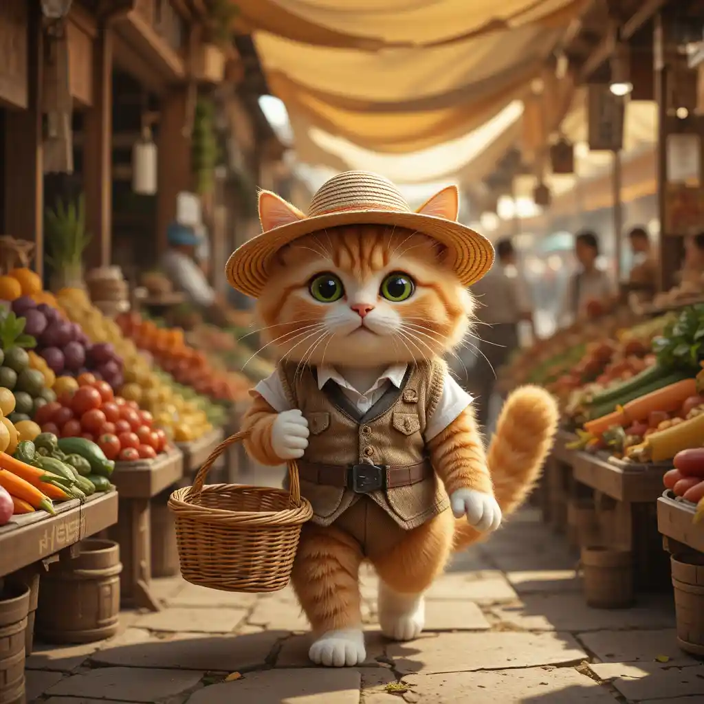 Orange cat in a vest exploring a colorful bazaar