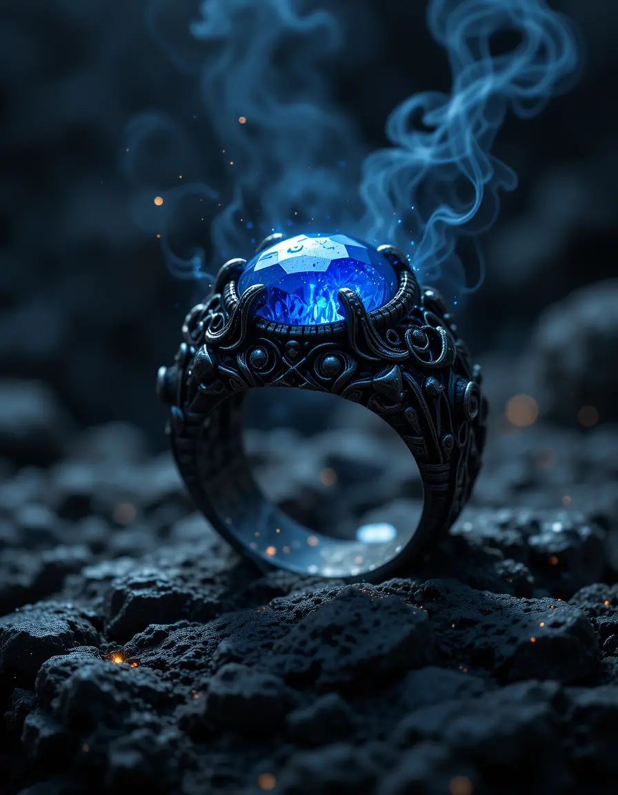 Dark forged ring with glowing blue gemstone close up