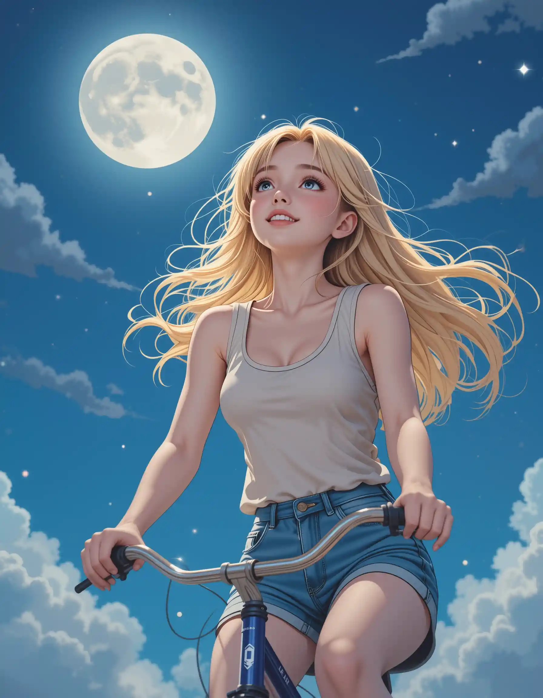 Young woman cycling joyfully under the bright full moon