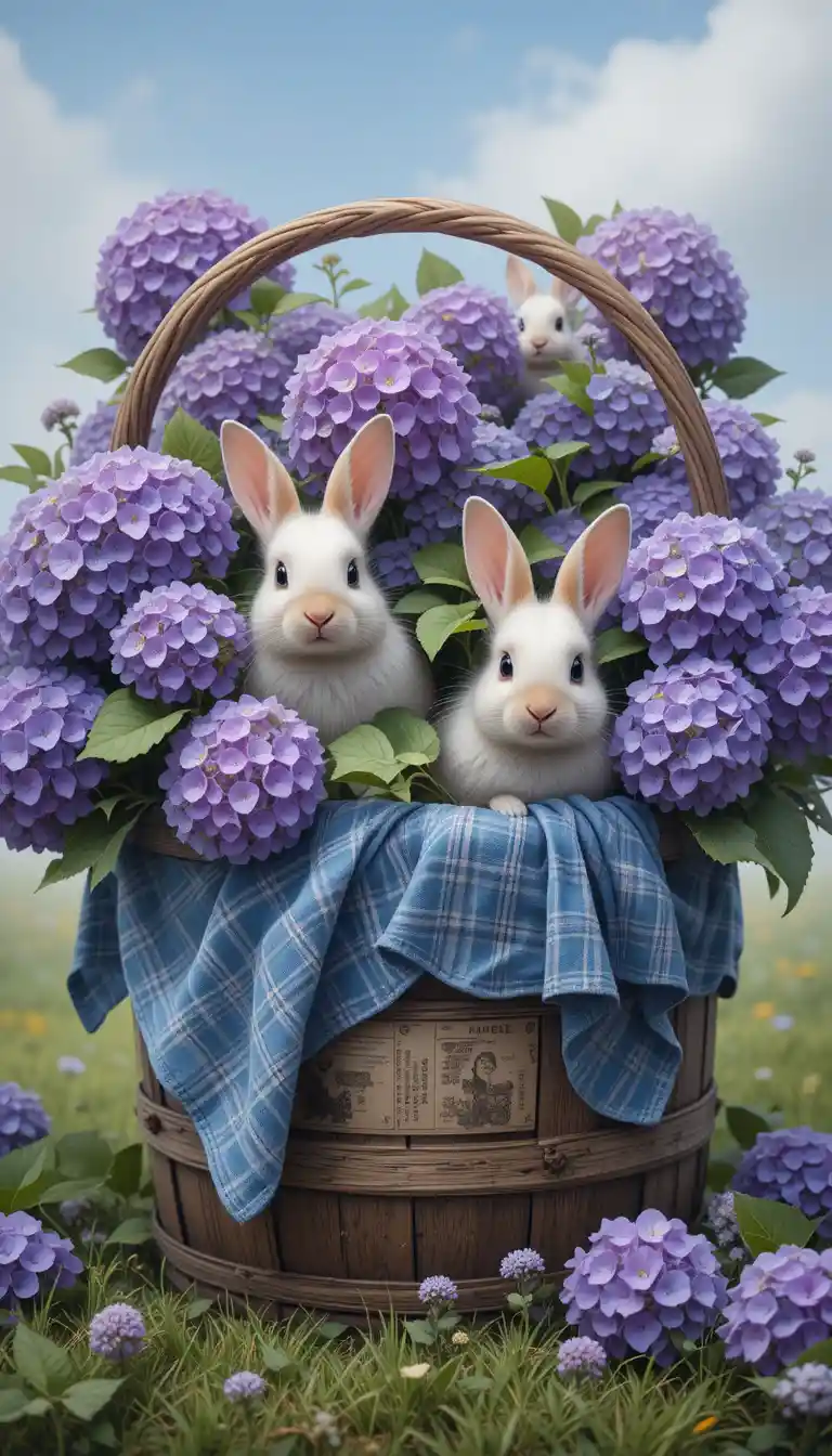 Rustic basket of purple hydrangeas with curious rabbits