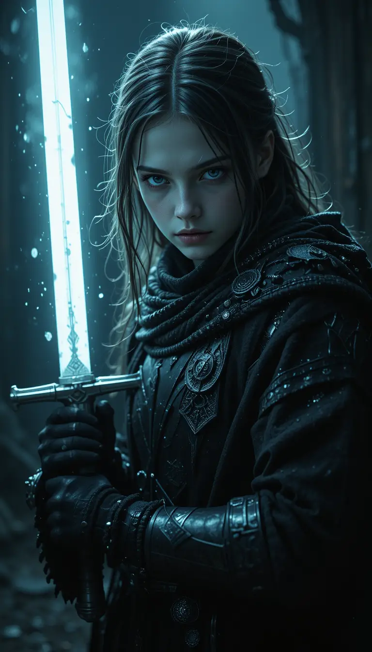 Warrior girl holding a sword shining in moonlight