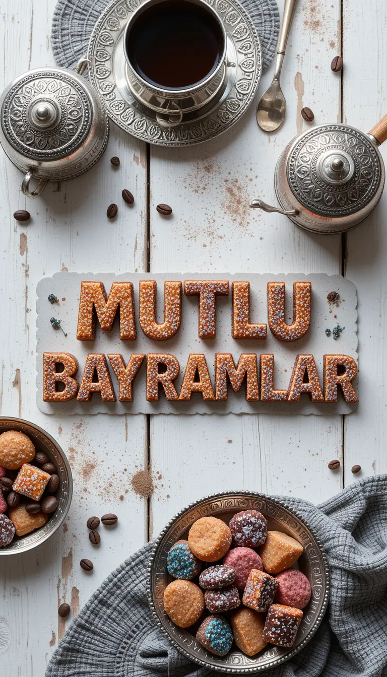 Turkish coffee service with sweets on rustic wooden table