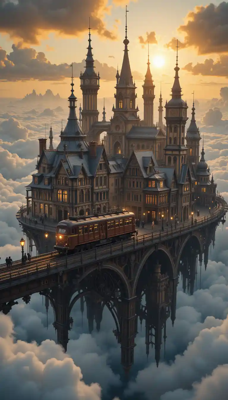 Floating steampunk city in the sky at sunset