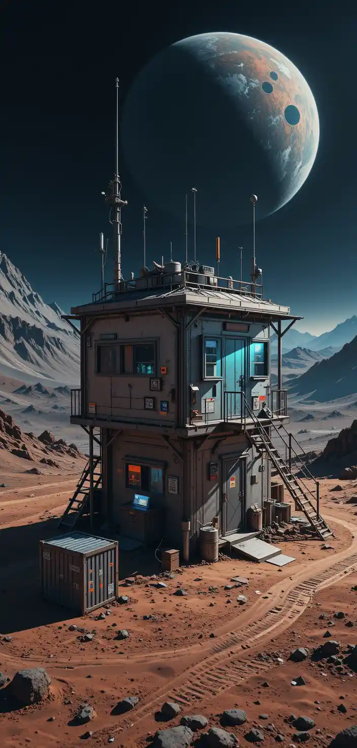 Lunar outpost with antennas viewed from above at night