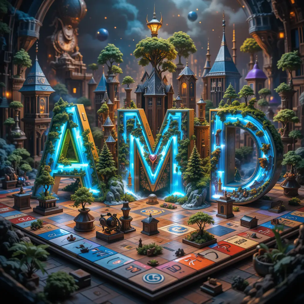 Surreal Monopoly board of glowing 3D fantasy worlds