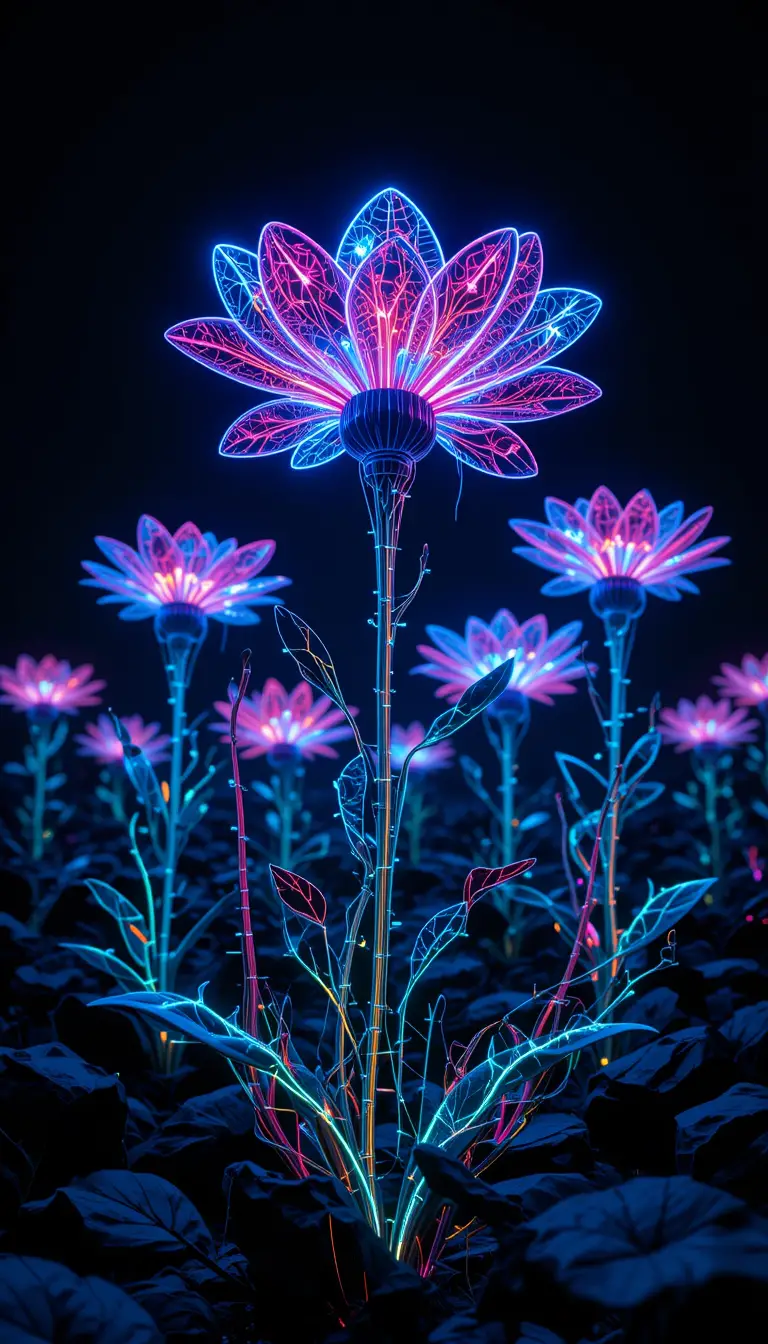 Neon Circuit Flowers In A Futuristic Cyber Garden
