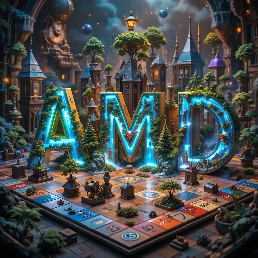 Surreal Monopoly board of glowing 3D fantasy worlds