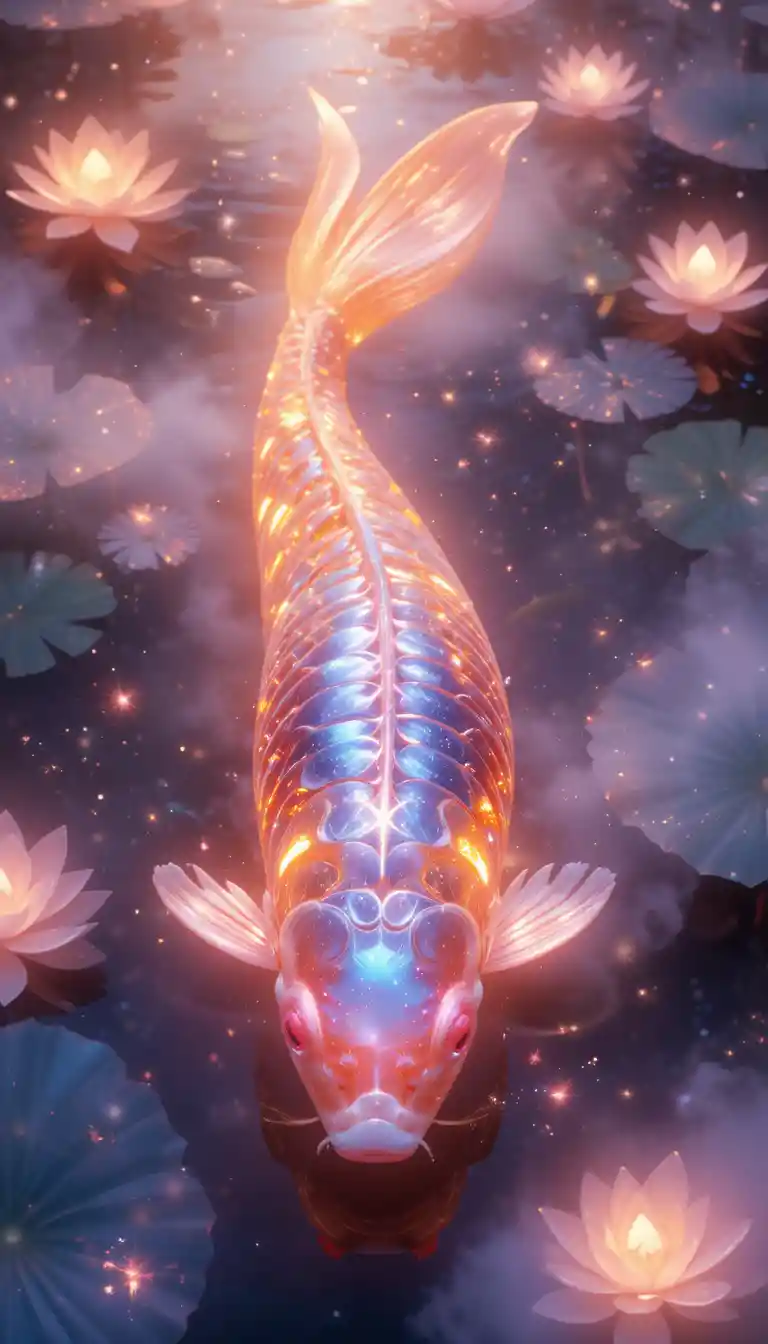 Koi fish gliding through a glowing cosmic pond