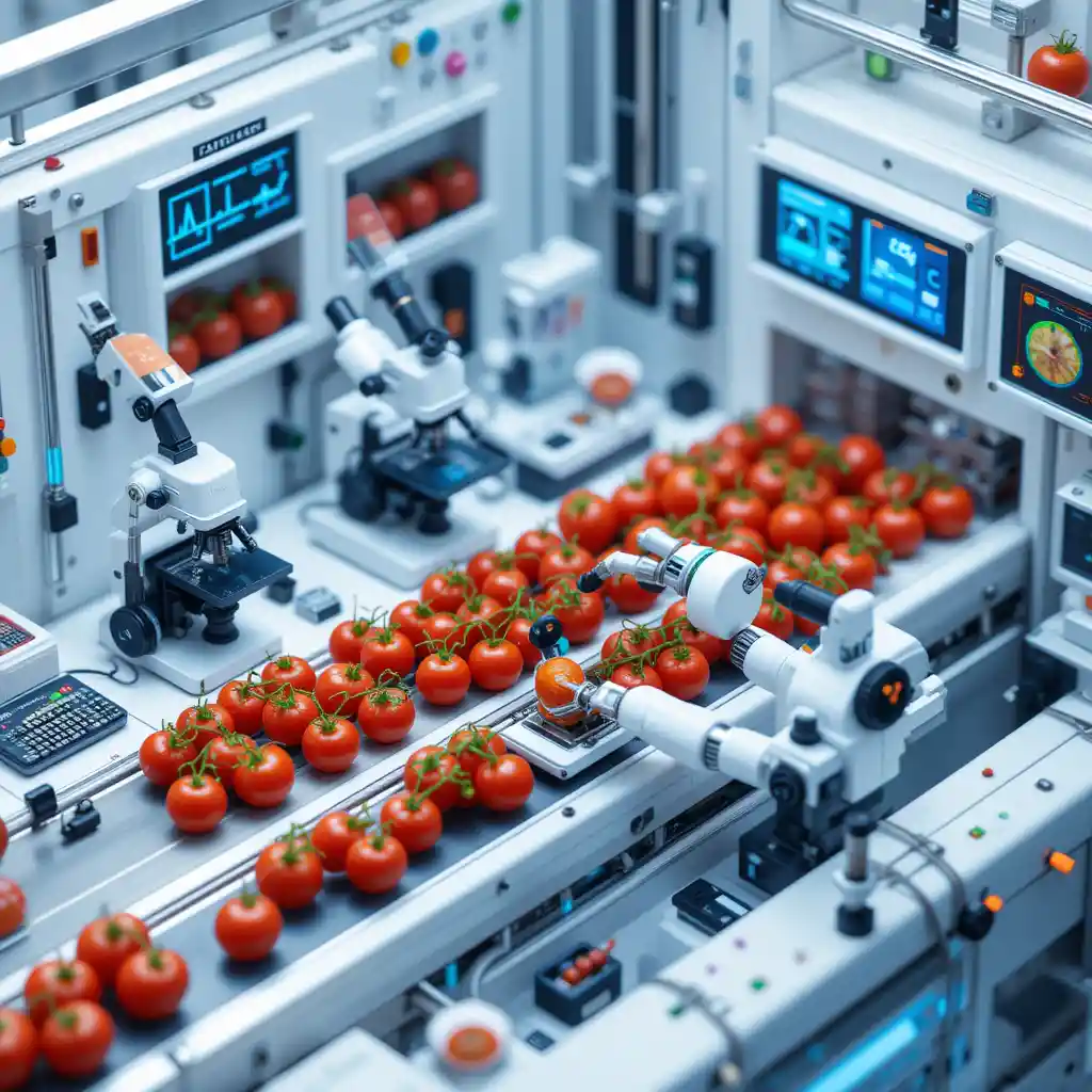 Isometrisches Hightech-Tomatenlabor mit roboterbasierter Inspektion
