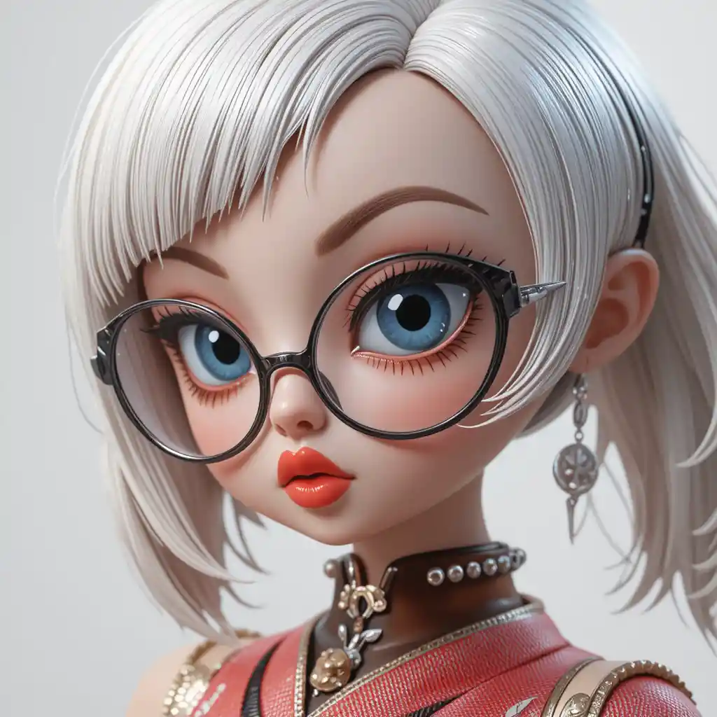 Close up 3d anime girl with white hair and glasses