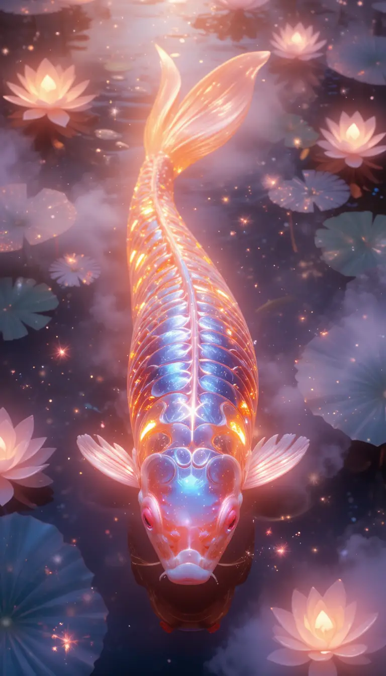 Koi fish gliding through a glowing cosmic pond