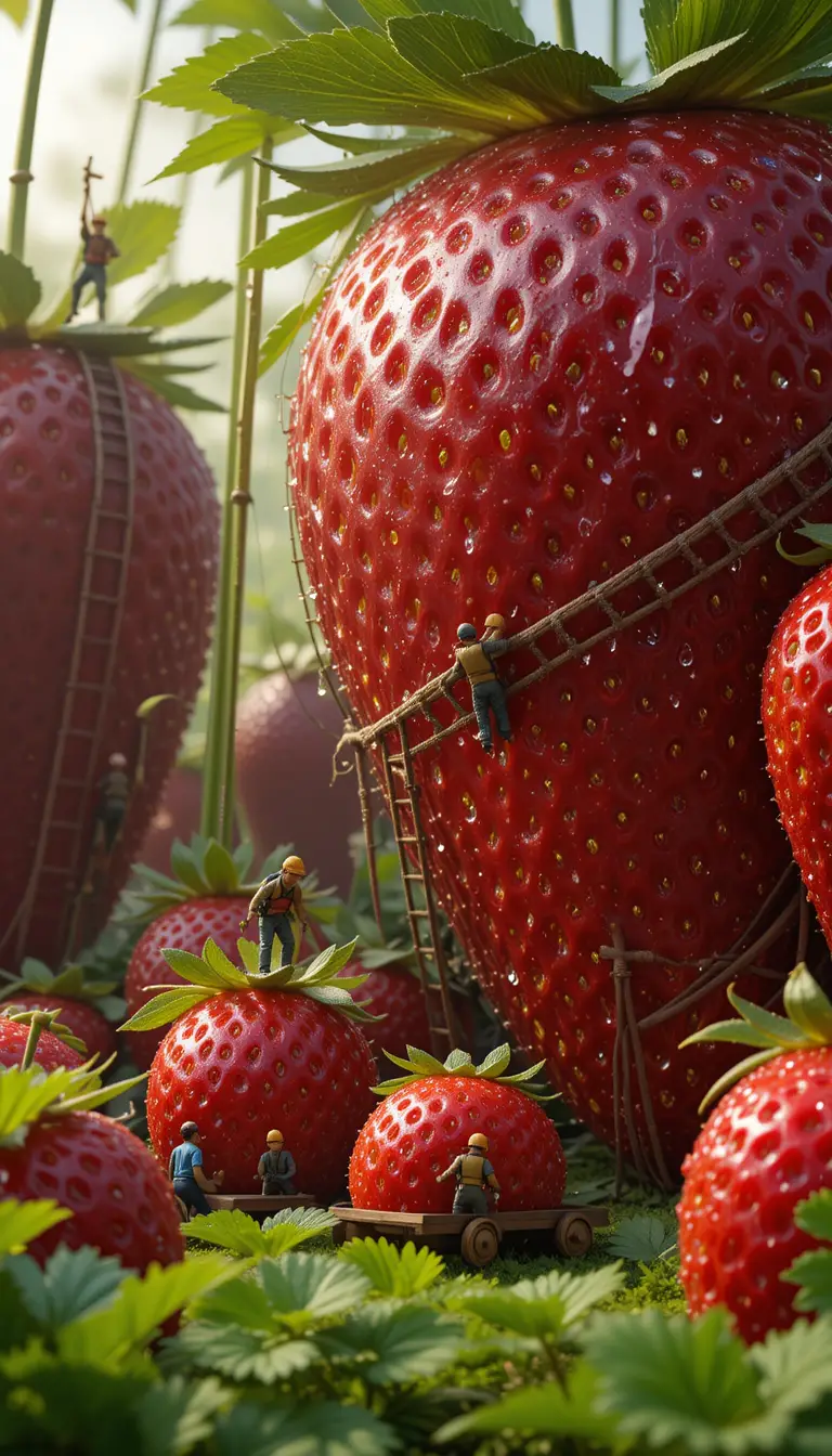 Tiny workers harvesting gigantic strawberries in a lush field