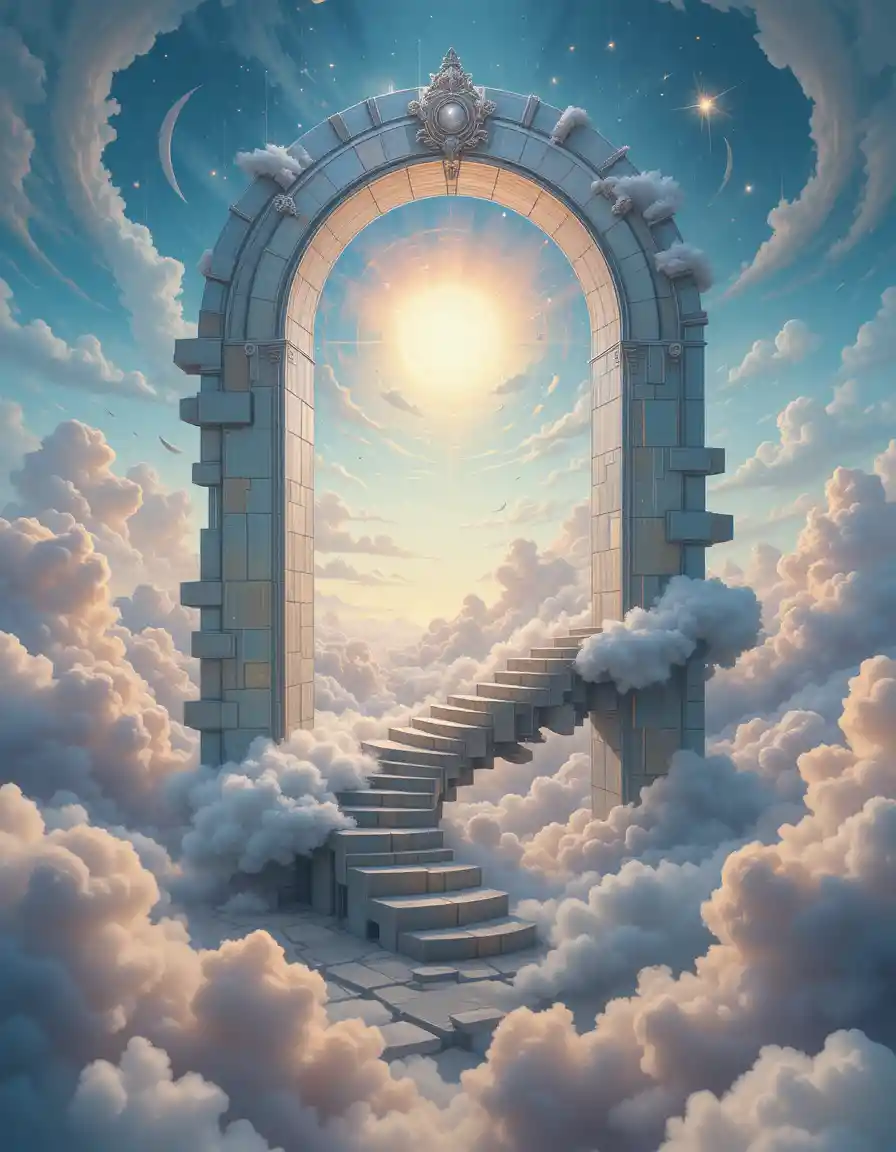 Surreal glass arch and spiral staircase in glowing void