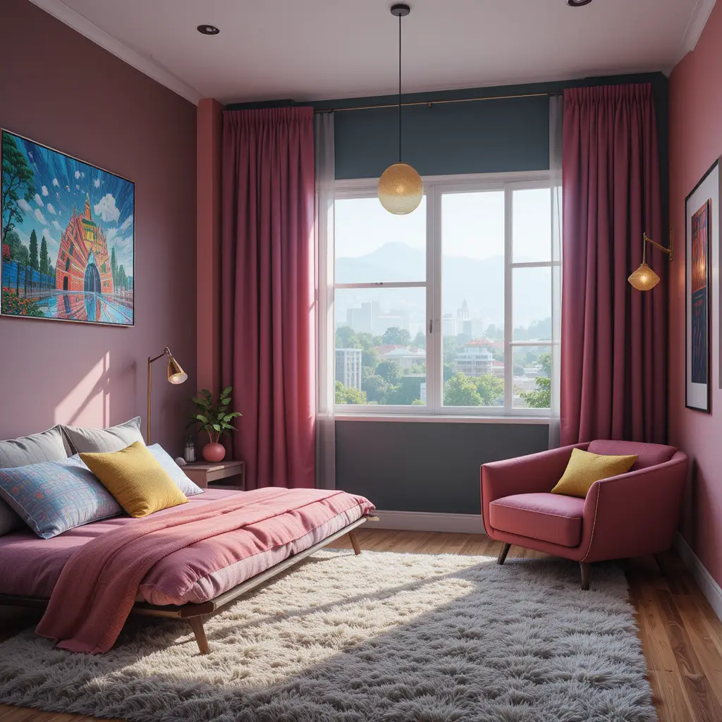 Colorful bedroom design with couch by a bright window