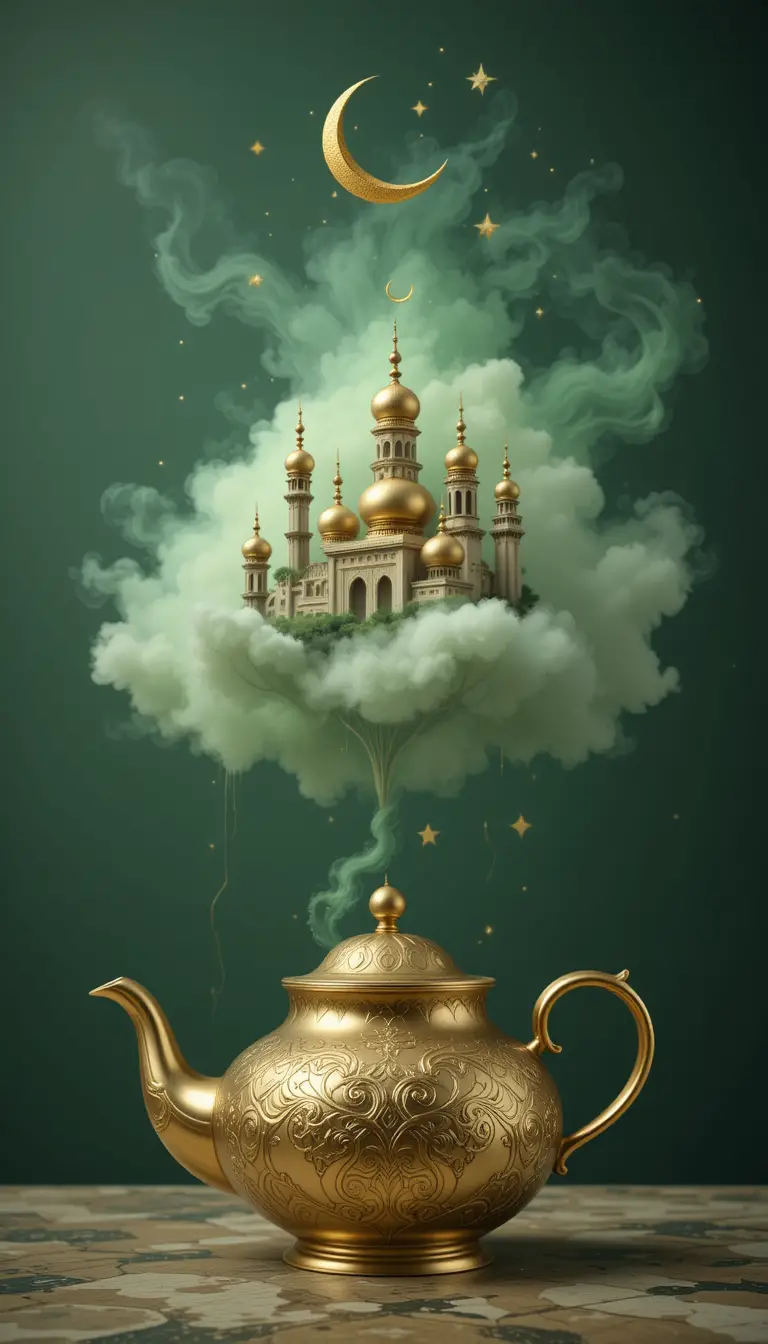 Golden teapot with floating fantasy city in green mist