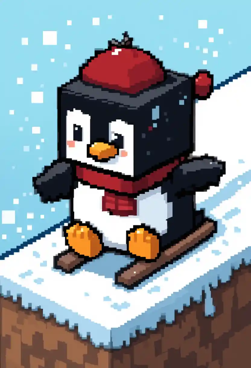 雪の斜面を滑り降りるハッピーなドット絵のペンギン