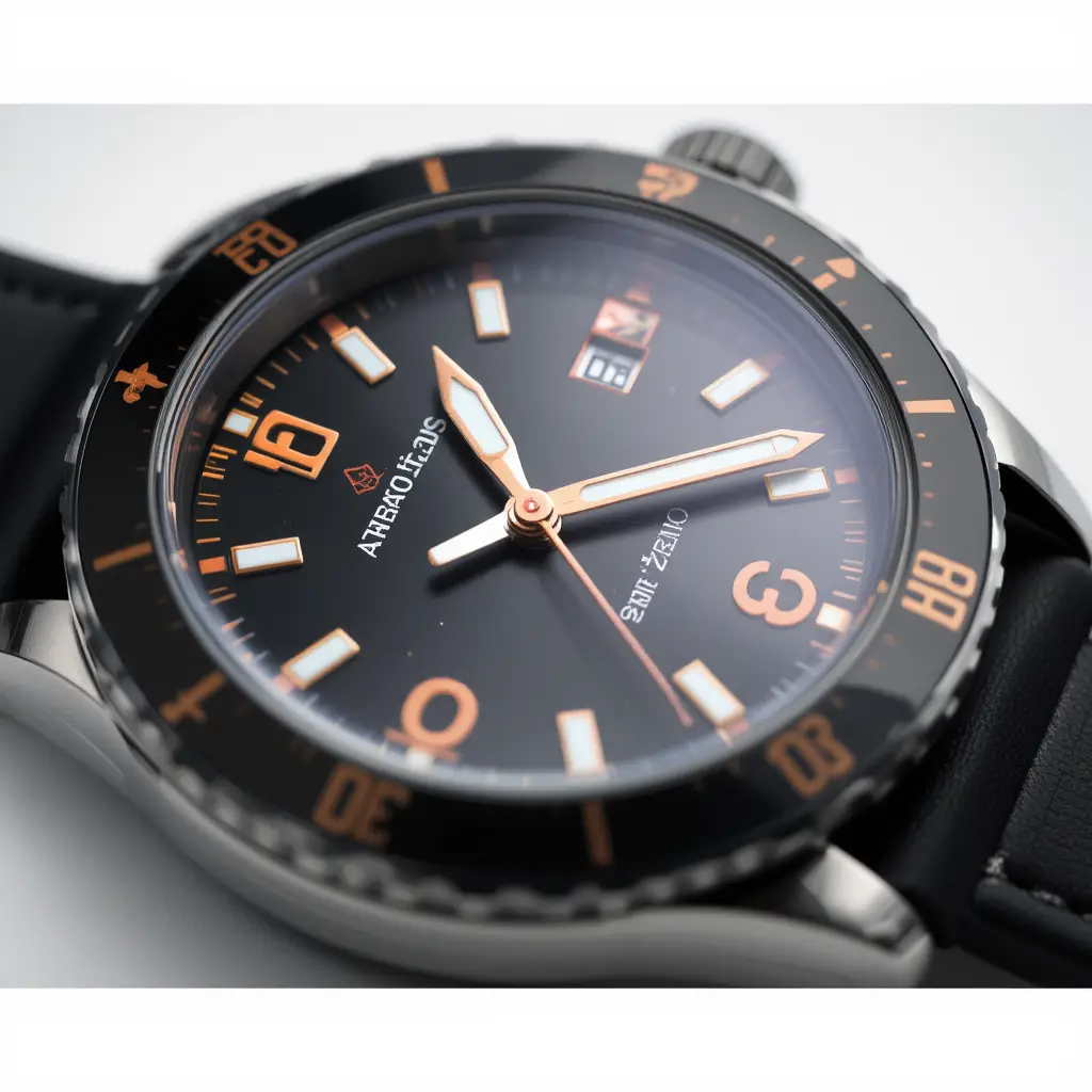 Close up black wristwatch with bold modern dial design