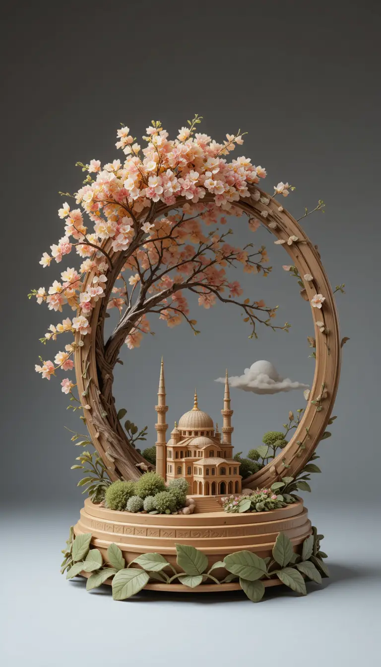 Escultura circular de madeira com cena de árvore e mesquita