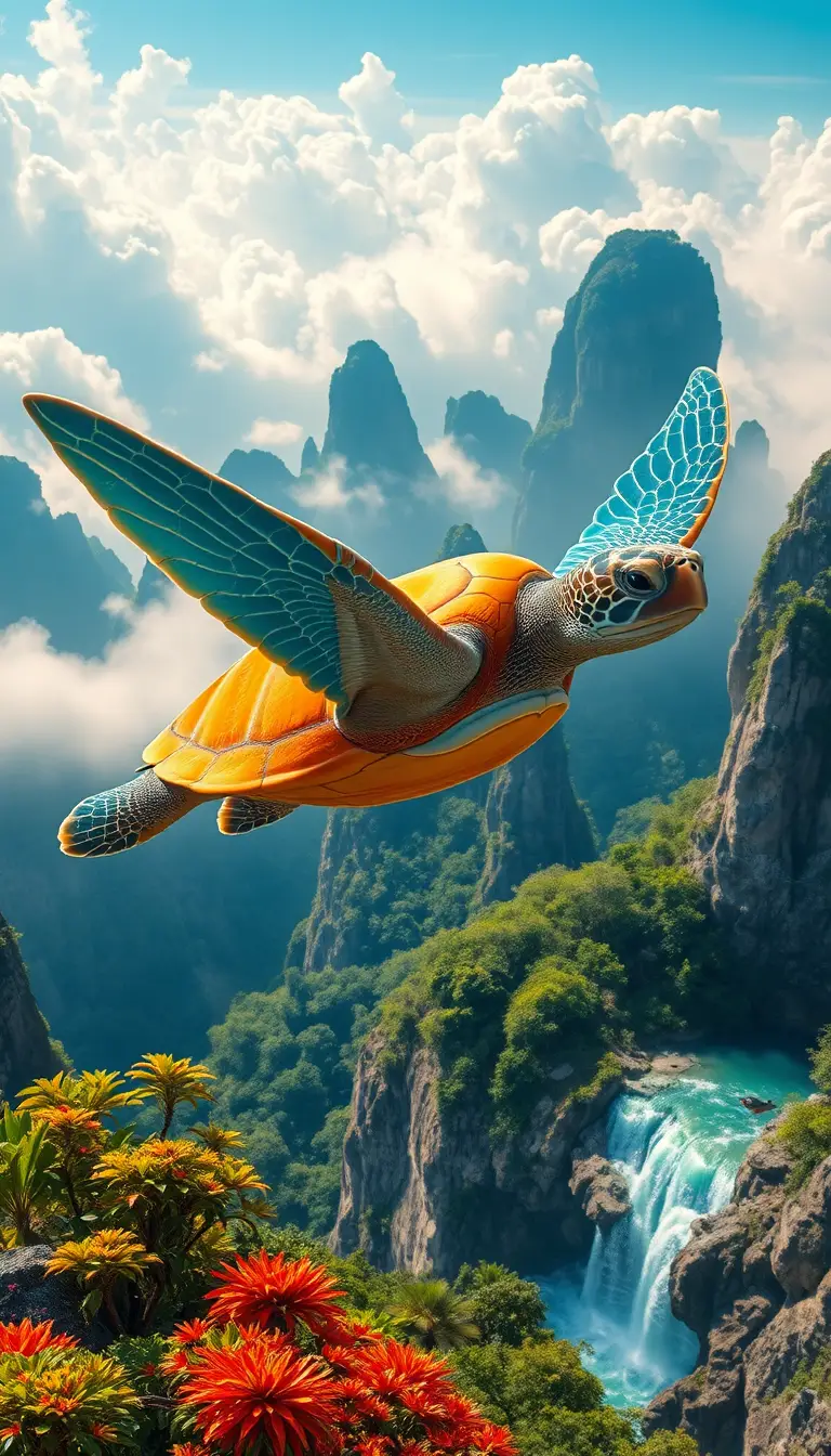 Sea Turtle With Wings In Surreal Mountain Cloud Landscape