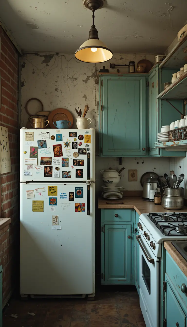 Cozy apartment kitchen with vintage teal cabinets and fridge