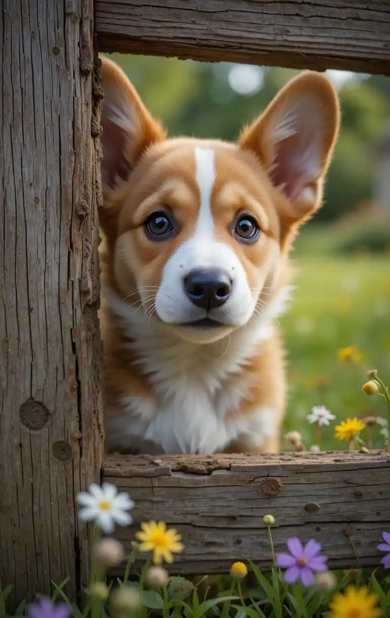 Corgi Puppy Snout Peeking Through Rustic Wooden Fence