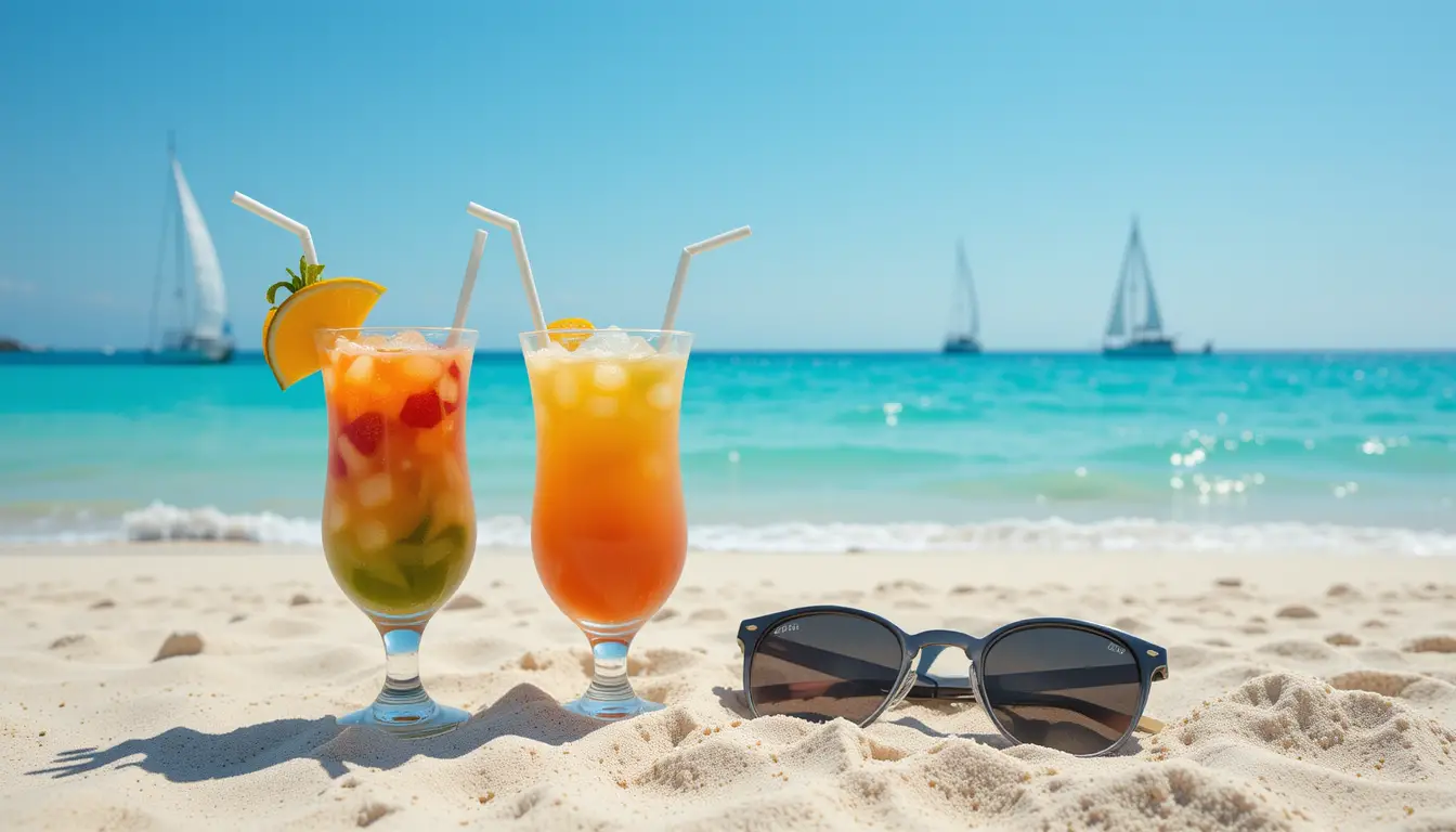 Tropical cocktails on sandy beach with calm blue ocean