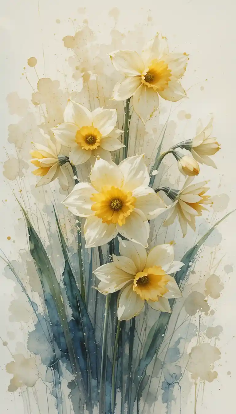 Soft impressionist painting of white and yellow daffodils
