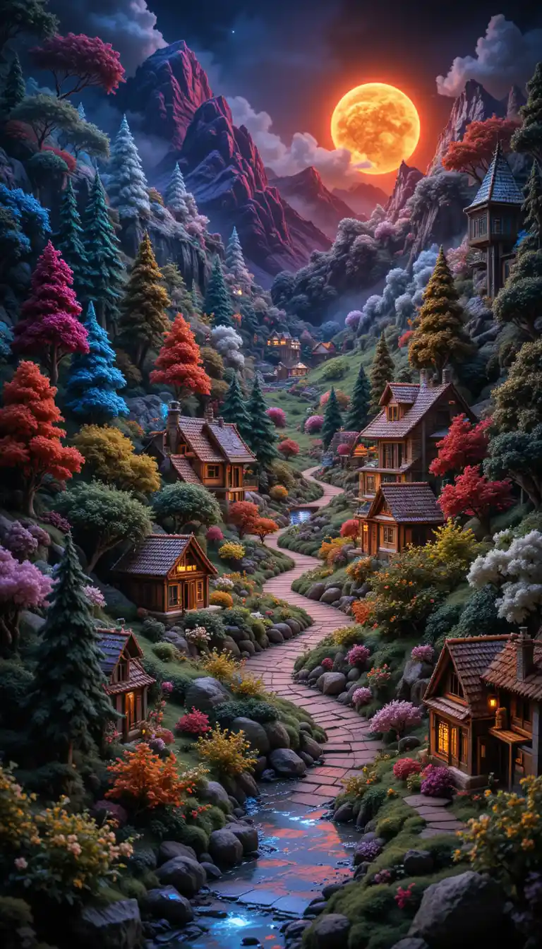 Luxury woolen village landscape with lakes and trees