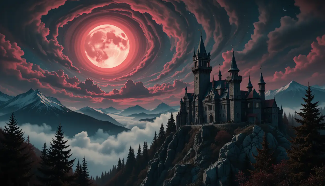 Moonlit castle above swirling clouds and dark mountains