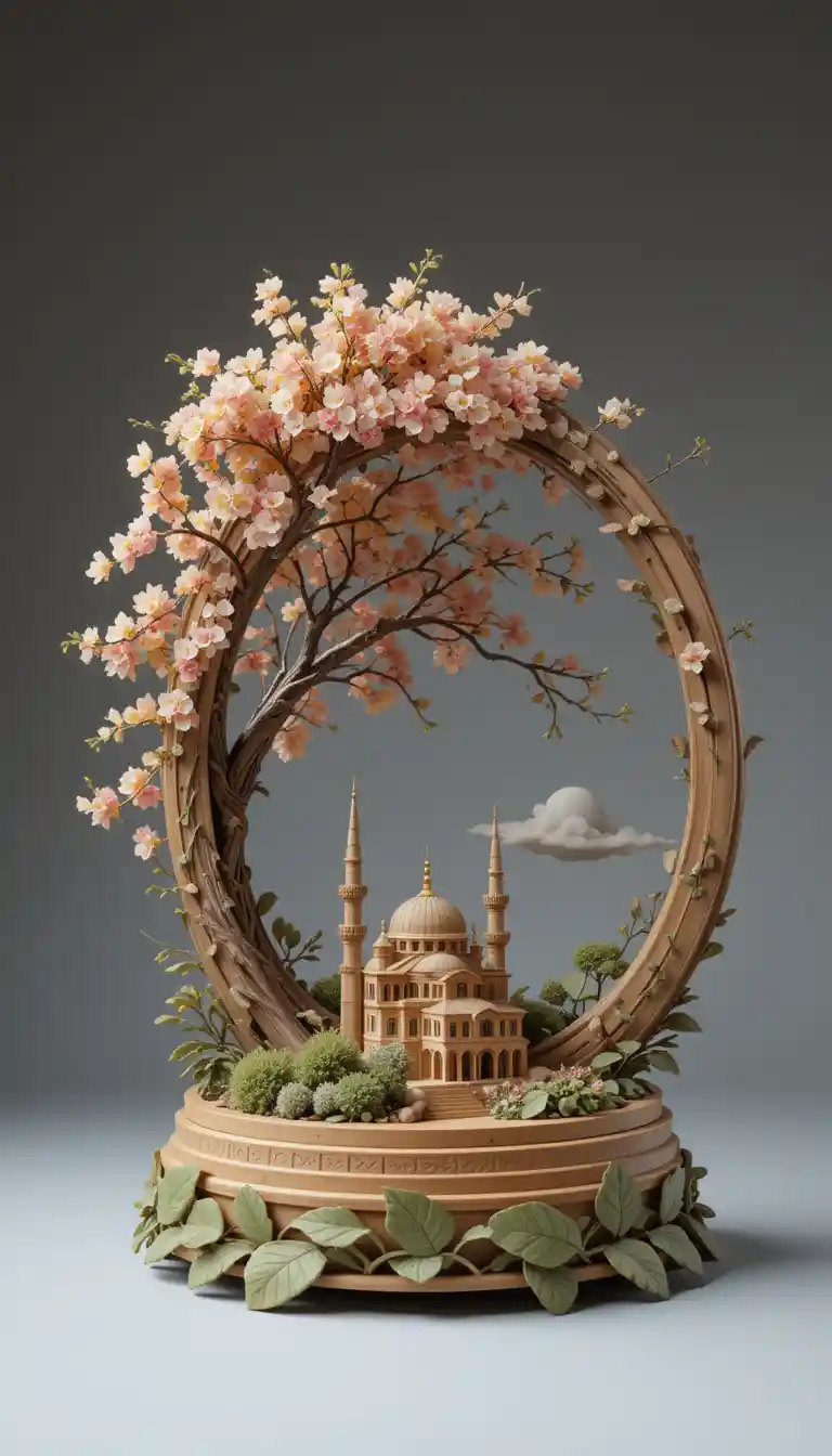 Escultura circular de madera con escena de árbol y mezquita