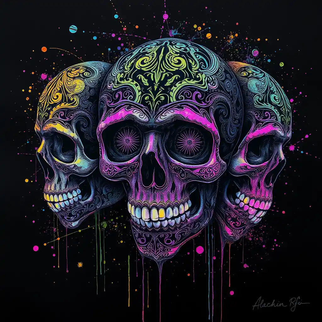 Surreal ink sugar skulls with vibrant alcohol ink splashes