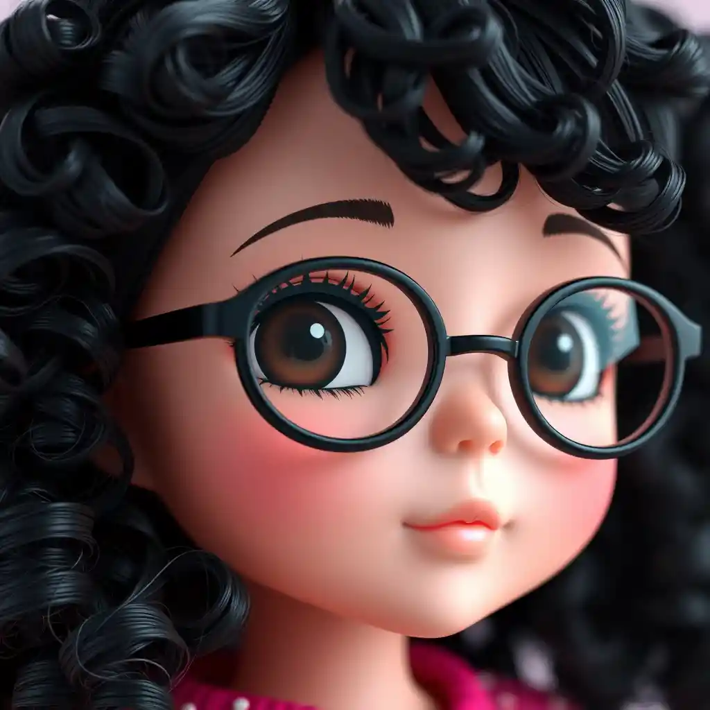 Close up 3D anime girl with curly hair and glasses