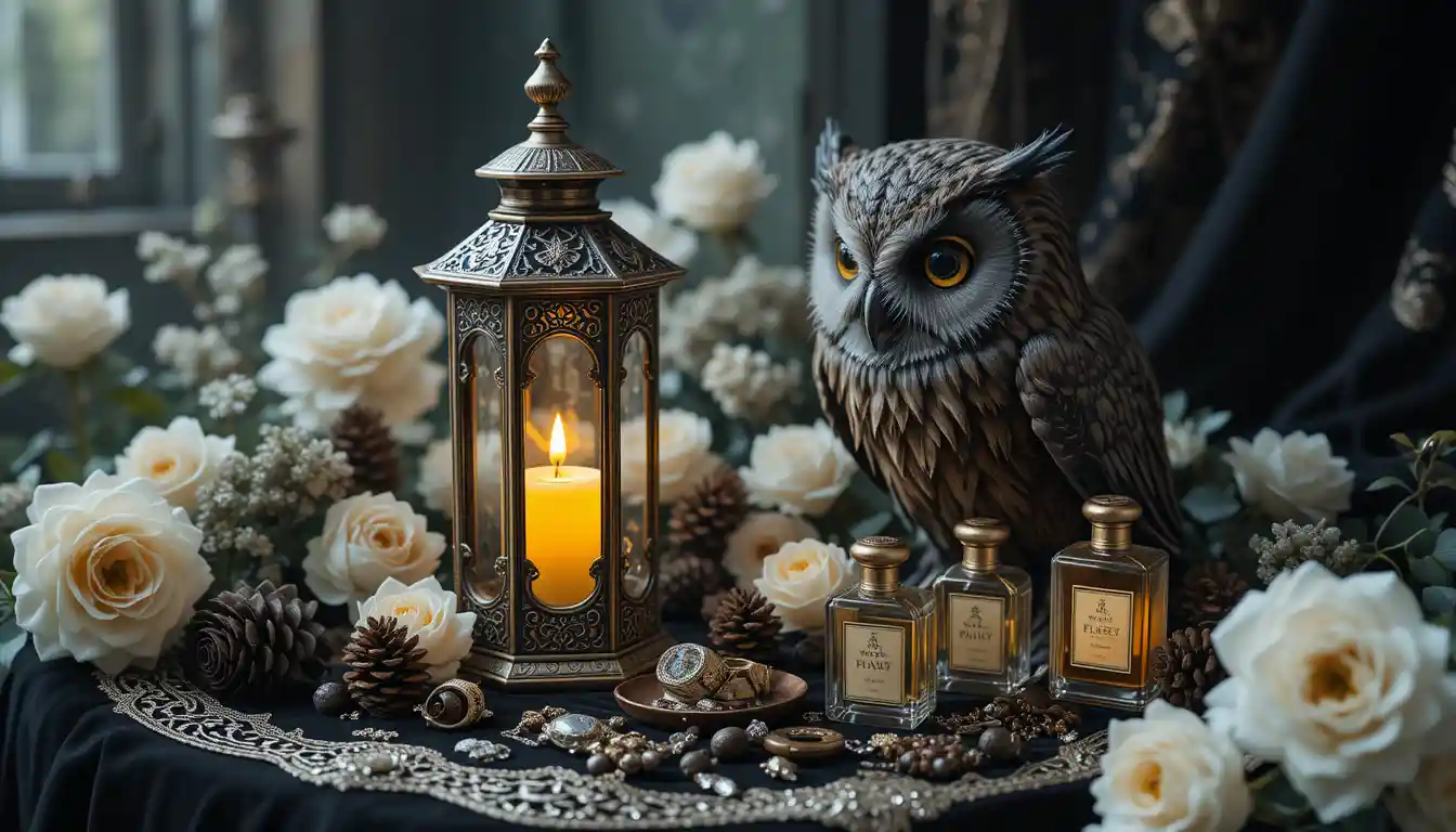 Romantic fantasy lantern surrounded by flowers and an owl