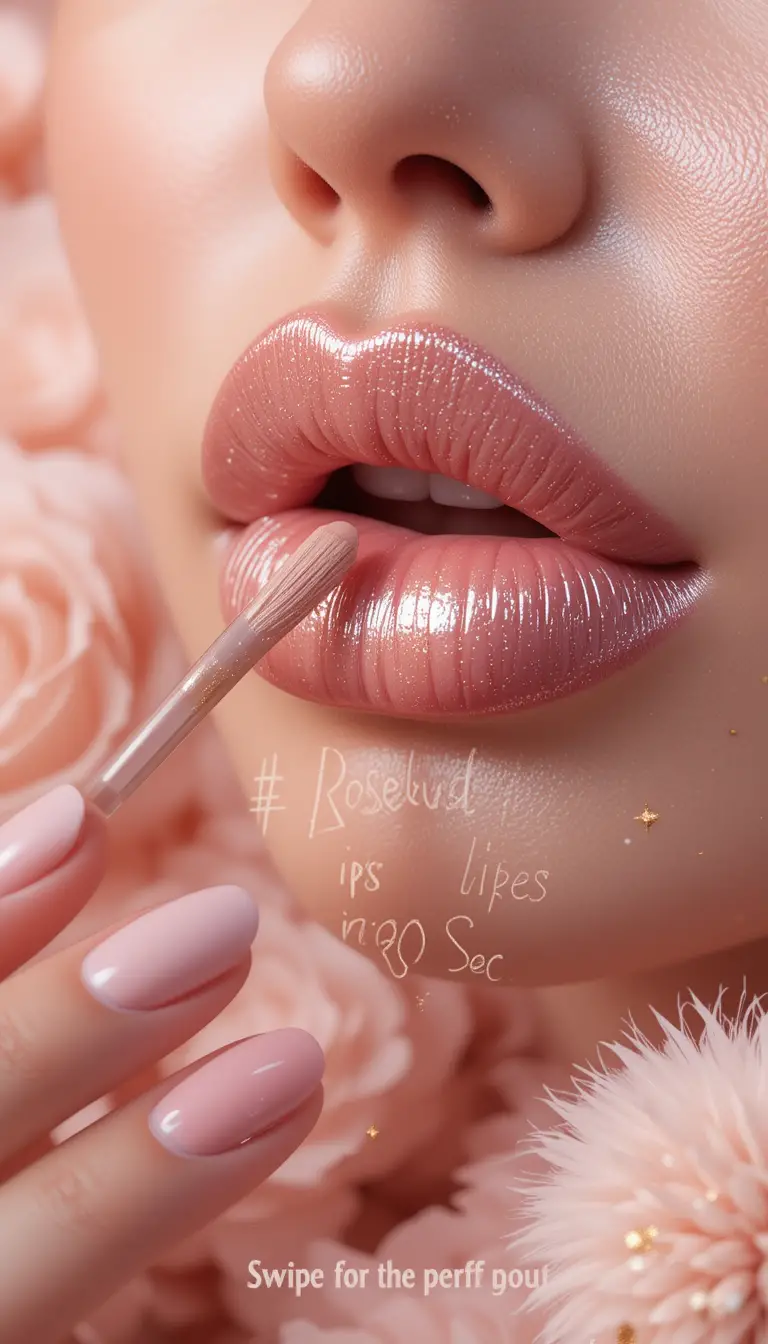 Glossy rosebud lips with pink shimmer and soft roses