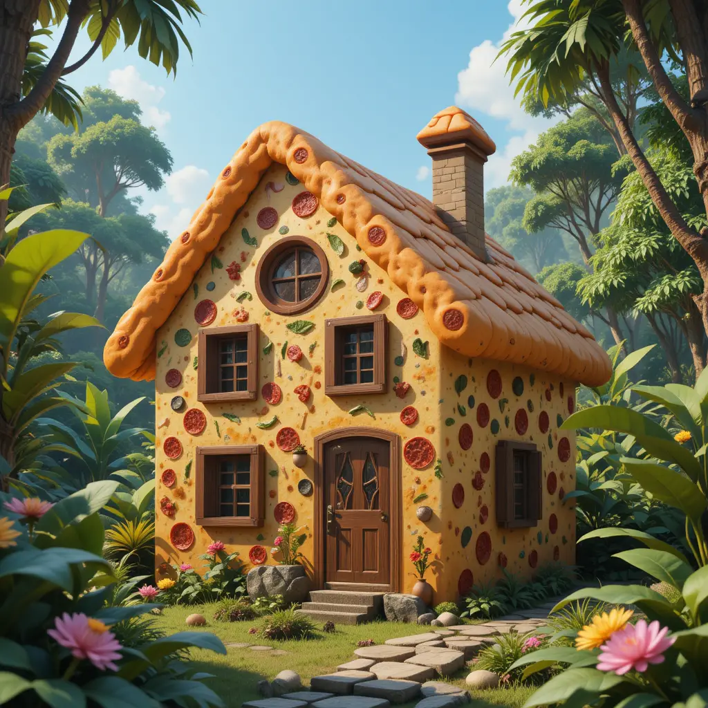 Whimsical pizza house in a lush jungle 3d scene
