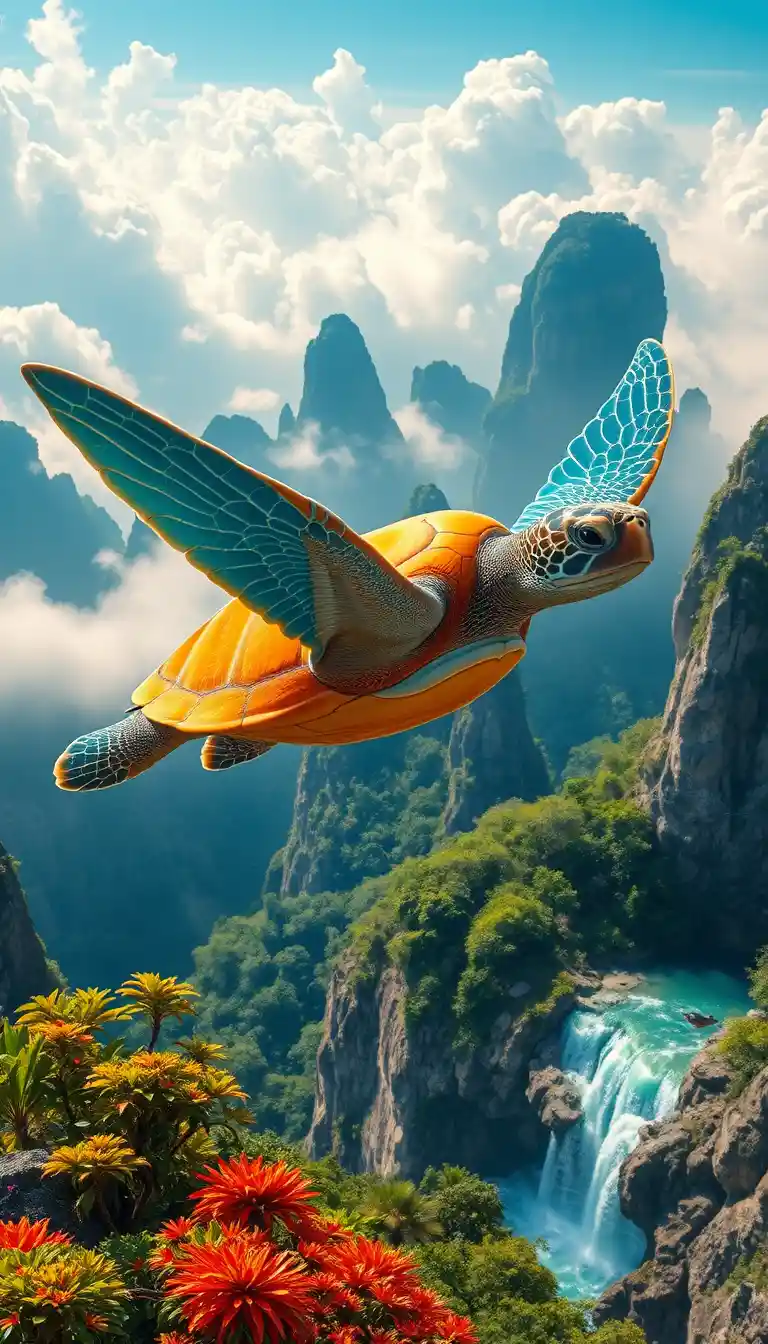 Sea Turtle With Wings In Surreal Mountain Cloud Landscape