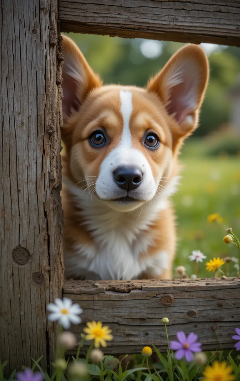 Corgi Puppy Snout Peeking Through Rustic Wooden Fence