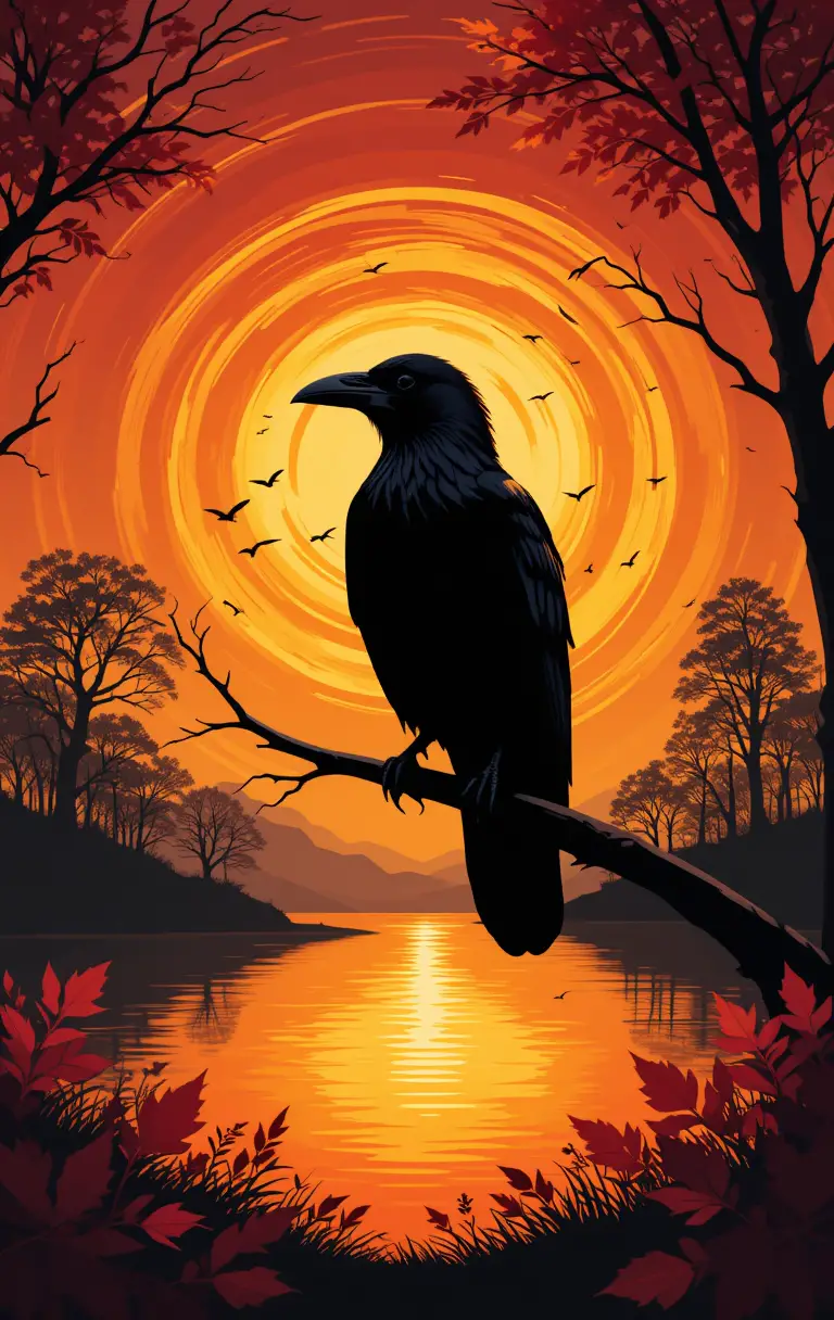 Raven On Branch Over Lake At Colorful Sunset