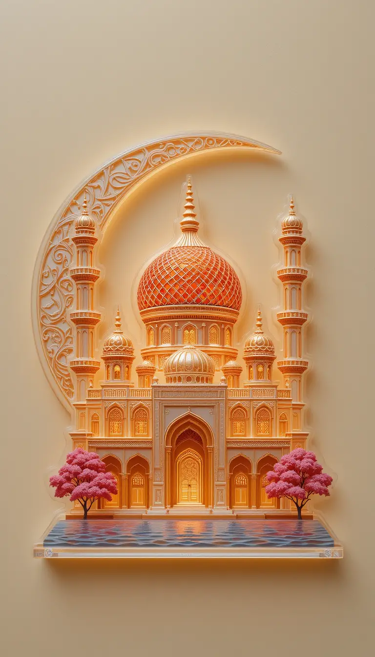 Illuminated 3D Acrylic Mosque With Crescent And Trees