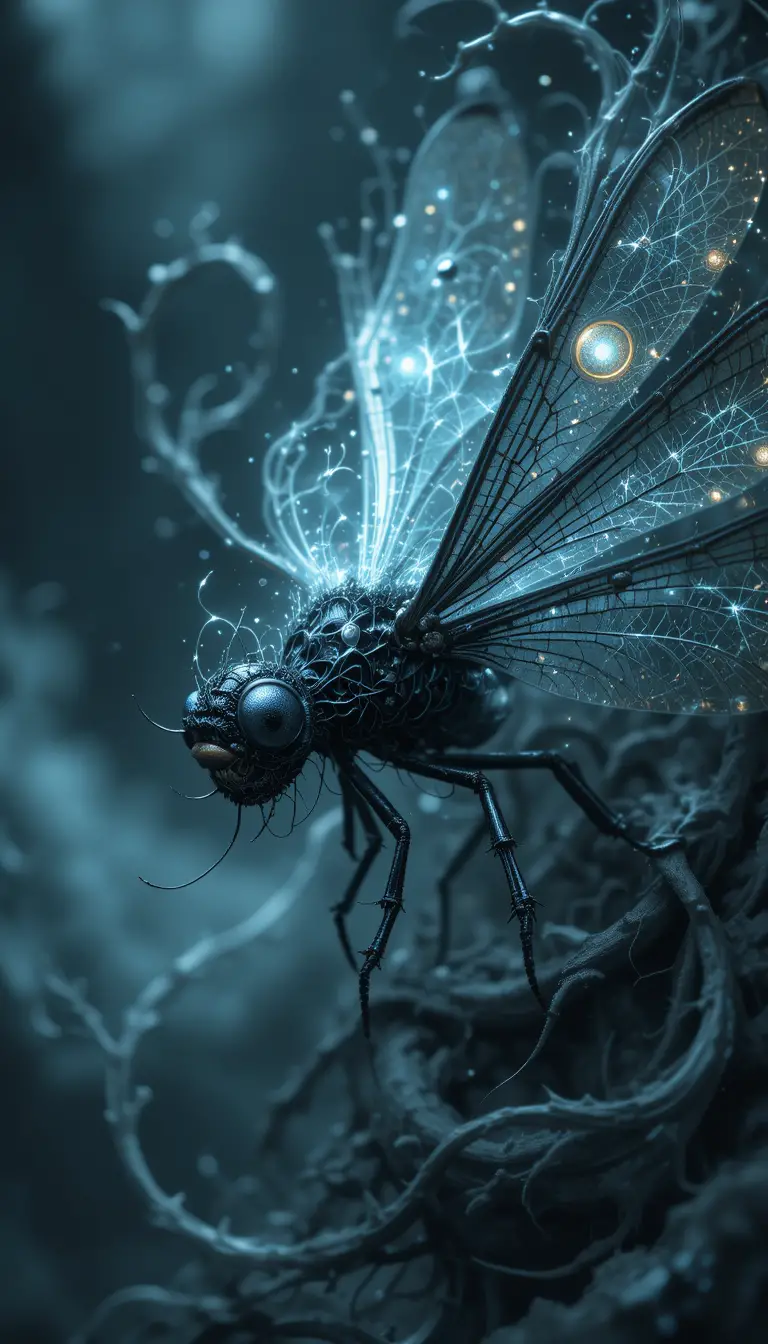 Dragonfly In Swirling Dark Abstract Dreamlike Aura