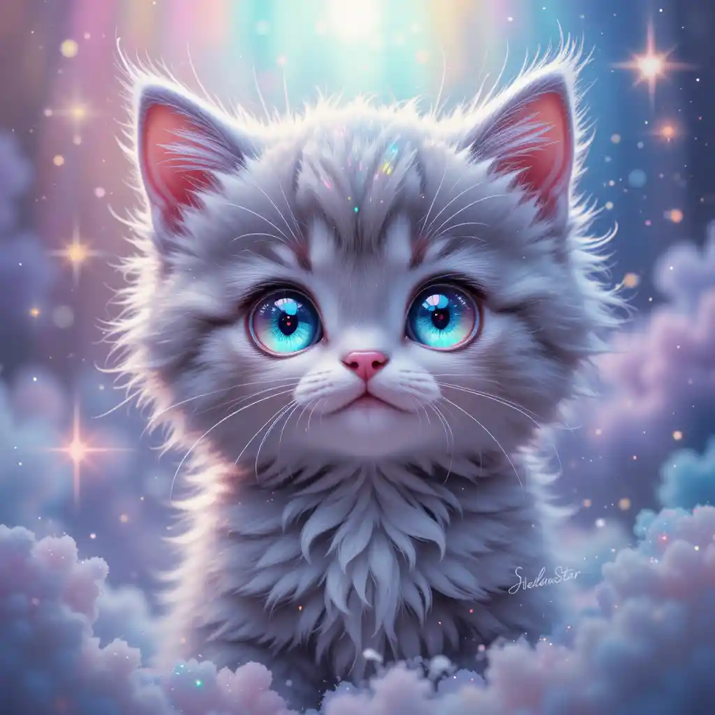 Chaton gris magique aux yeux arc-en-ciel et à l’éclat de poussière d’étoiles