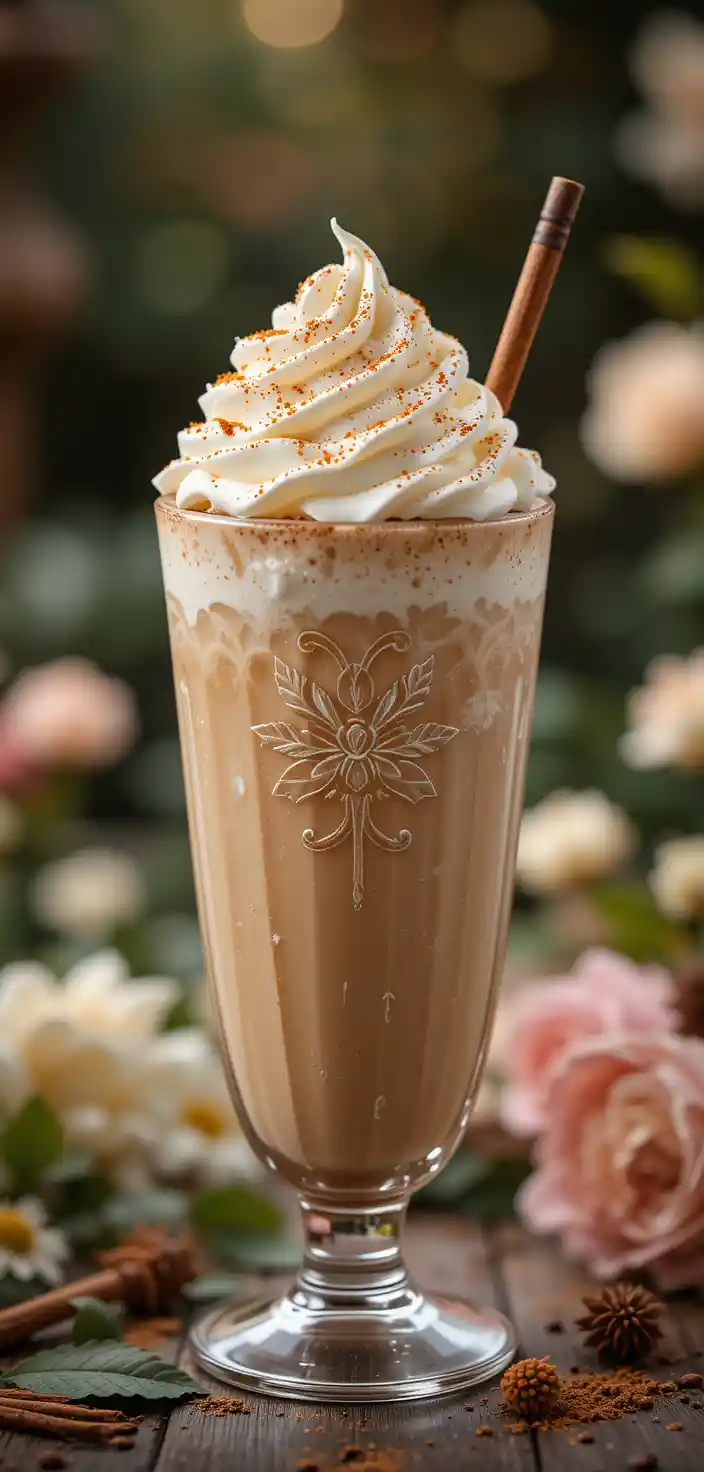 Frappuccino au chai avec crème fouettée dans un jardin