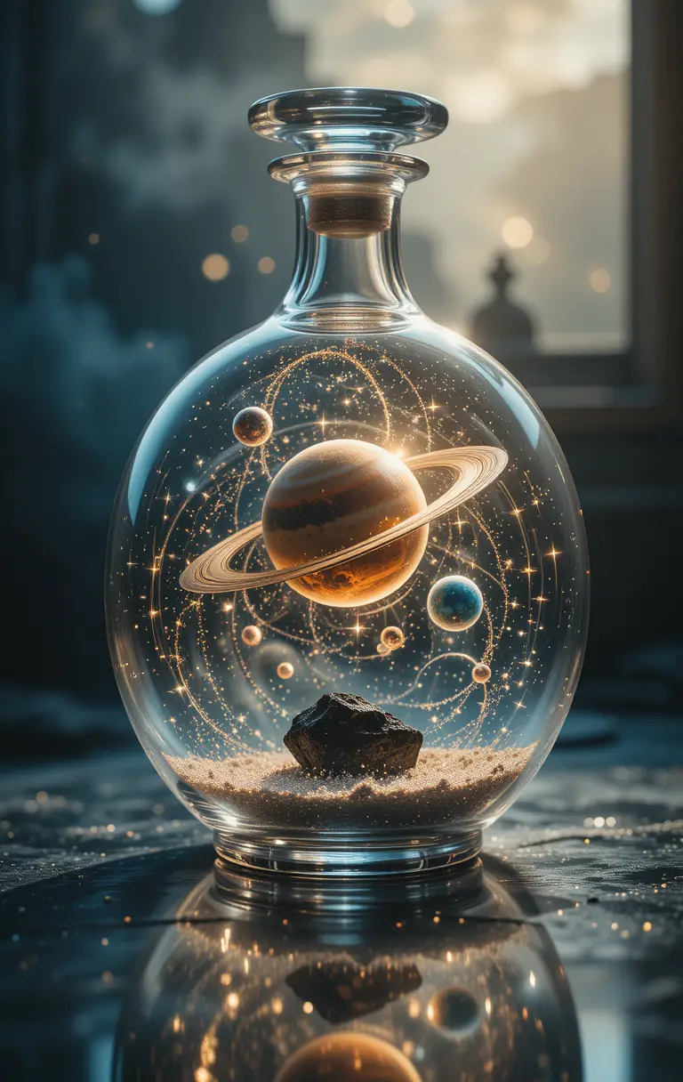 Glass decanter holding a luminous miniature solar system